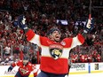 SUNRISE, FLORIDA - JUNE 10: Evan Rodrigues #17 of the Florida Panthers celebrates after scoring a goal against the Edmonton Oilers during the third period in Game Two of the 2024 Stanley Cup Final at Amerant Bank Arena on June 10, 2024 in Sunrise, Florida.
