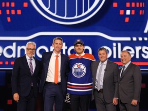 LAS VEGAS, NEVADA - JUNE 28: Sam O'Reilly is selected by the Edmonton Oilers with the 32nd overall pick during the first round of the 2024 Upper Deck NHL Draft at Sphere on June 28, 2024 in Las Vegas, Nevada.