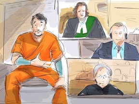 Tenzin Norbu, from left, Justice of the Peace Rossheim, Duty Counsel Evan Flewelling and interpreter Tsering Choedon attend Norbu’s court appearance in Toronto, Tuesday, June 21, 2022.