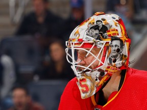 Jacob Markstrom tends net for the Calgary Flames against the New York Islanders at UBS Arena on Feb. 10, 2024 in Elmont, N.Y.