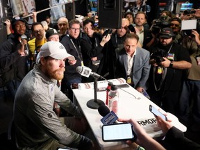 Edmonton Oilers' Connor McDavid speaks to the media during Media Day prior to the 2024 Stanley Cup Final at Amerant Bank Arena on June 7, 2024 in Sunrise, Fla.