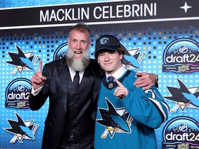 Joe Thornton, left, poses for a photo with Macklin Celebrini after being selected by the the San Jose Sharks with the first overall pick during the NHL draft at Sphere on June 28, 2024 in Las Vegas.