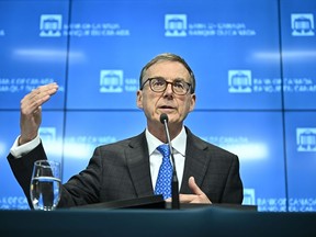 Governor of the Bank of Canada Tiff Macklem speaks during a press conference in Ottawa, Thursday, May 9, 2024.