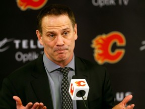 Calgary Flames GM Craig Conroy speaks to media earlier this year.