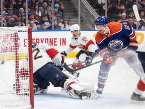 Florida Panthers goalie Sergei Bobrovsky (72) is scored on by Edmonton Oilers' Zach Hyman (18) during second period NHL action in Edmonton on Saturday December 16, 2023.