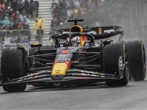 Max Verstappen of Red Bull Racing has won the last two races on Circuit Gilles-Villeneuve and the last three F1 world driver championships. He is shown here earning the pole position under rainy conditions at the Canadian Grand Prix in Montreal on June 17, 2023.