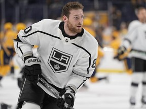 Los Angeles Kings centre Pierre-Luc Dubois (80) warms up before the team's NHL hockey game against the Nashville Predators, Jan. 31, 2024, in Nashville, Tenn. The Kings acquired goaltender Darcy Kuemper from the Washington Capitals for Dubois in a trade of high-priced, underachieving players.