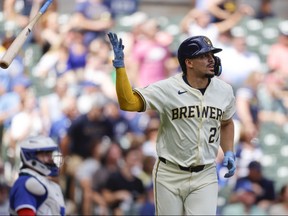 Milwaukee Brewers' Willy Adames reacts after hitting a two-run home run in the sixth inning against the Toronto Blue Jays on Wednesday.