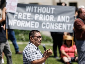 Chief Rudy Turtle of Grassy Narrows First Nation speaks during a rally raising concerns and opposition to the Ontario provincial government's plans to expand mining operations in the so-called Ring of Fire region in Northern Ontario in Toronto on Thursday, July 20, 2023.
