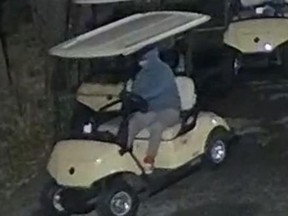 Surveillance footage from Settlers' Ghost Golf Club near Barrie, Ont., shows one of the suspects in the theft of 11 golf carts in the early morning hours of April 19.