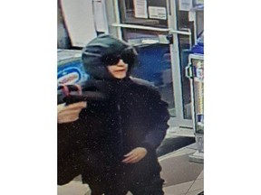 Sarnia police released this surveillance photo of a suspect sought in a gas bar robbery on Jan. 10, 2023. (Sarnia police)