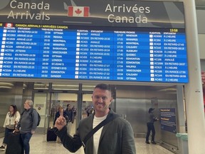Controversial British freedom fighter Tommy Robinson arrives at Pearson Airport in Toronto on Saturday, June 29, 2024.