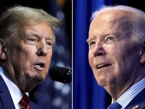 This combo image shows Republican presidential candidate former President Donald Trump, left, March 9, 2024 and President Joe Biden, right, Jan. 27, 2024. Biden and Trump are preparing to square off in their first debate tonight as the tight race over the future of the United States begins to ramp up.THE CANADIAN PRESS/AP Photo, File