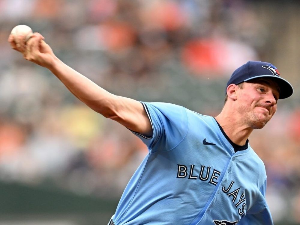 Blue Jays starting pitcher Chris Bassitt makes a second-inning delivery against the Baltimore Orioles at Oriole Park at Camden Yards on July 30, 2024 in Baltimore, Md.