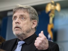 US actor Mark Hamill speaks during the daily press briefing in the Brady Press Briefing Room of the White House in Washington, DC, on May 3, 2024.