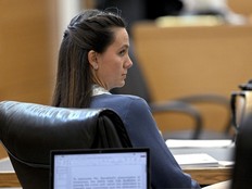 Ashley Benefield glances back after the jury retired to deliberate during her trial, Monday, July 29, 2024, at the Manatee County Judicial Center in Bradenton, Fla.