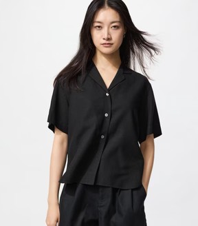 Uniqlo Linen Blend Open Collar Shirt black