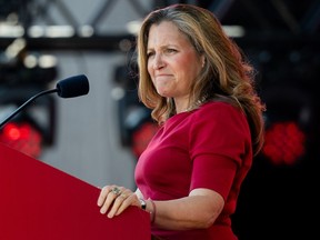 Minister of Finance and Deputy Prime Minister Chrystia Freeland delivers remarks during Canada Day celebrations at LeBreton Flats in Ottawa, on Monday, July 1, 2024.