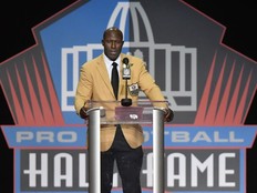 Former NFL player Terrell Davis delivers his speech during induction ceremonies at the Pro Football Hall of Fame, Saturday, Aug. 5, 2017, in Canton, Ohio.