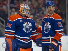 Goalie Stuart Skinner thanks Darnell Nurse for giving defensive help against the Las Vegas Golden Knights at Rogers Place in Edmonton on Nov. 6, 2024.