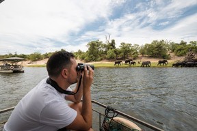 Taking in the view with the Swarovski Optik Companion binoculars while cruising the Chobe River.