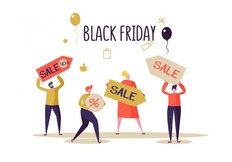 Black Friday Sale Event. Flat People Characters with Price Tags on Shopping. Big Discount, Promo Concept, Advertising Poster, Banner. Vector illustration