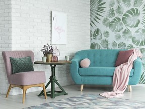 Pink chair and blue sofa