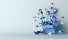 Happy Fathers Day decoration background with balloon gift box, heart shape, leaves copy space text, 3D rendering illustration