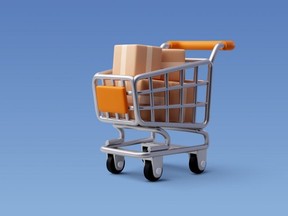 3d Vector Shopping Trolley with Parcel boxes, Shopping Online Concept.
