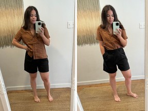 The Linen Short-Sleeve Notch Shirt in carob brown.