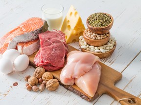 Selection of protein sources in kitchen background