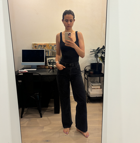Squareneck bodysuit, The Farrah Hi-Rise Wide Jean.