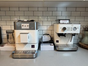 Both espresso machines aer slim, but the fully automatic (left) requires more depth.