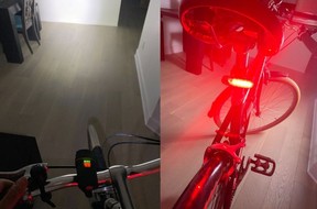 Back and front bike lights in my pitch black condo.