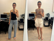 Left: Smooth Seamless Giselle Hip Tube Top, The '90s Marlo Hi-Rise Baggy Jean. Right: Crew shortsleeve bodysuit, The Effortless Short.