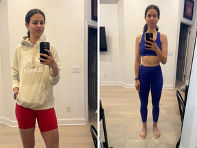 Left: Organic Original Kanga Hoodie, Restore Pocket Bike Short. Right: Restore Sports Bra, Restore Pocket Legging.