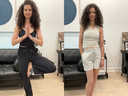 Left: Align Cropped Cami Tank Top, Dance Studio Relaxed-Fit Mid-Rise Cargo Pant. Right: License to Train Tight-Fit Tank Top, Scuba High-Rise Short.