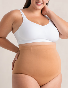woman wears tan shapermint Essentials All Day Every Day High-Waisted Shaper Panty