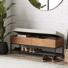 Fabric, Wood and Metal Storage Bench with Shoe Rack