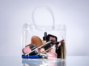 Transparent bag with cosmetic beauti products