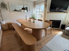 The Transformer Round Table and bench fully expanded to seat 10+ people.