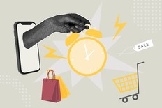 Trendy halftones business concept collage. Vector illustration of online sales, sales, sales increase, financial profit, retro shopping time. Creative concept for web banner, social media banner, marketing material. Vector illustration prime day lightning deals