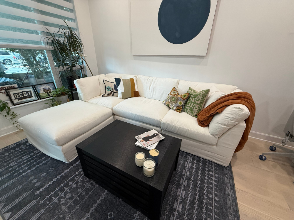  Get Together sofa in Cream Linen with a few Annie Selke throw pillows.