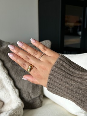 Wearing the Mejuri Pearl Half Eternity Ring.