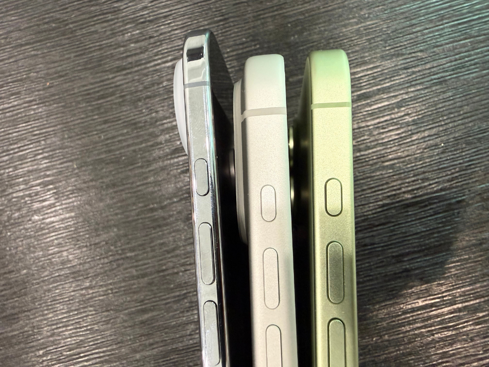  [From left to right] iPhone Air, iPhone 17 Pro, iPhone 17 — comparing the phones thickness.