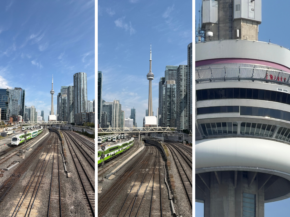  iPhone 17 Pro: zoomed in at .5, 1 and 8x (you can clearly see people getting ready for the EdgeWalk at the CN Tower).