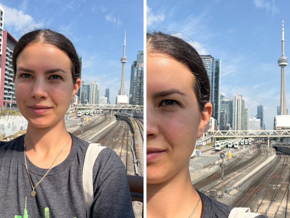  iPhone 17 Pro selfie camera: zoomed in at .5 and 2x.