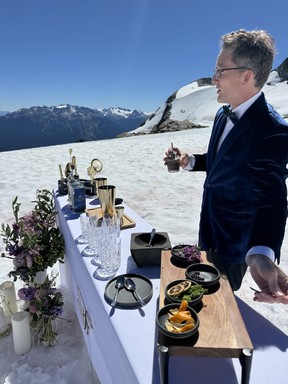 Making a signature cocktail at the peak of Rainbow Glacier.