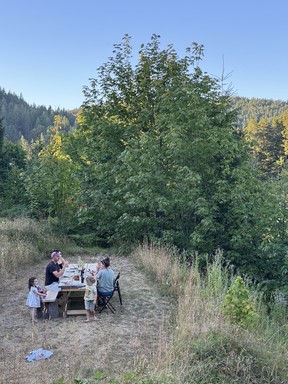 Dining at one of our favourite spots on the property — the outdoor table.
