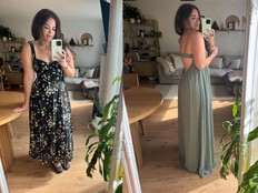 Wearing the Lela Dress in Sagittarius and the Ceba Dress in Moss.